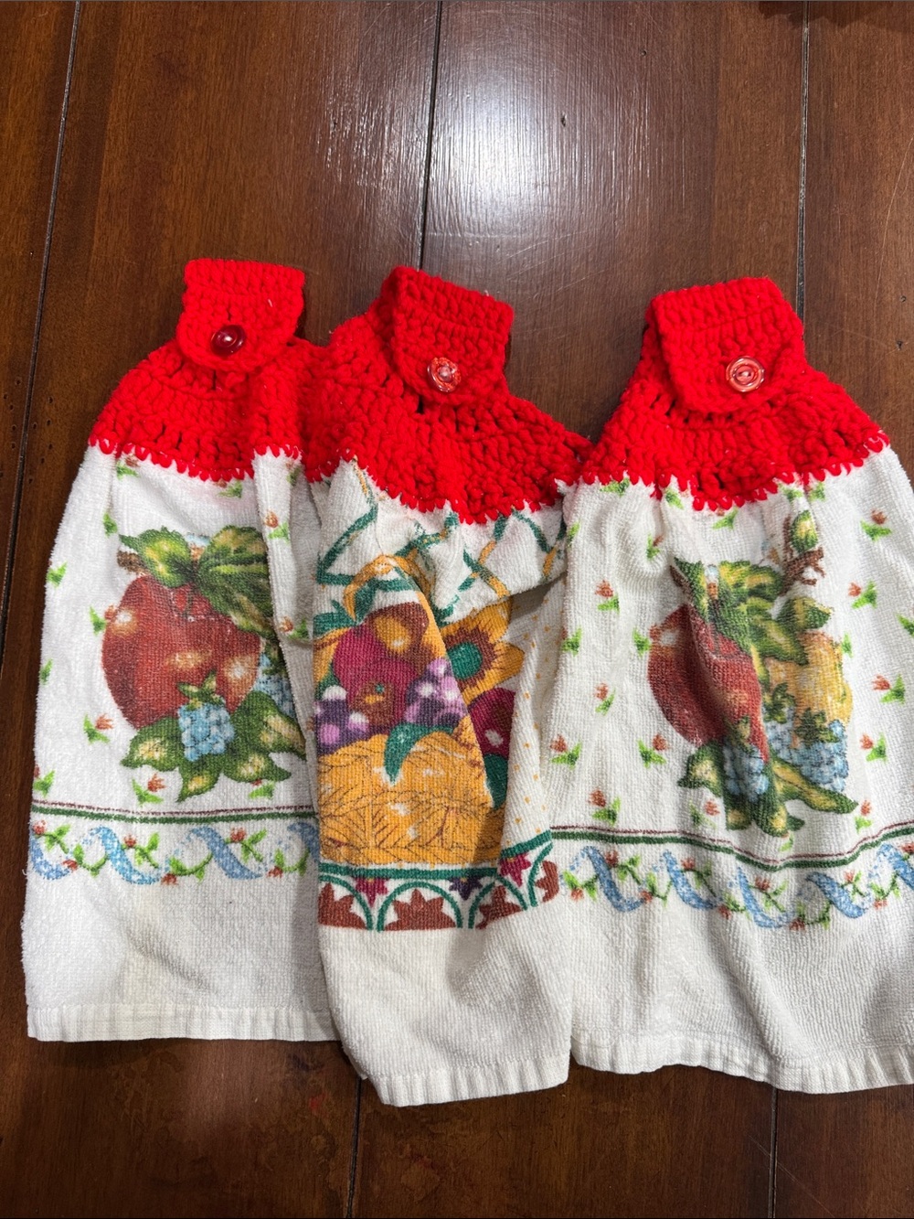 Set of 3 Hanging Kitchen Dish Towels Hand Crochet Button Topper  Cottagecore